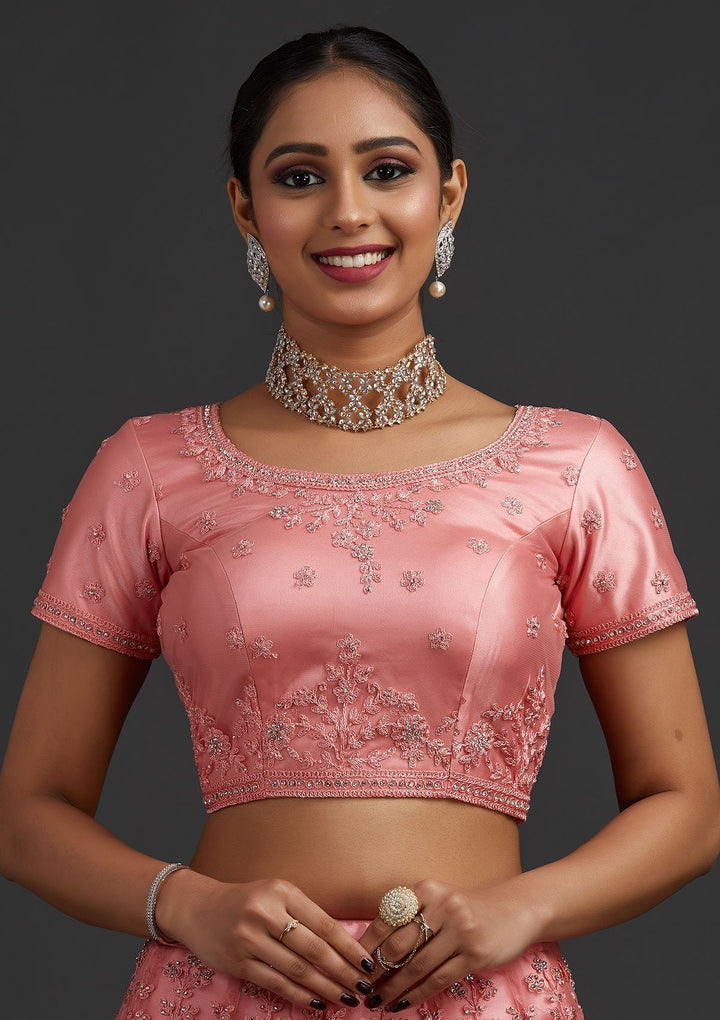 Peach Silver Stonework Net Designer Semi-Stitched Lehenga - koskii