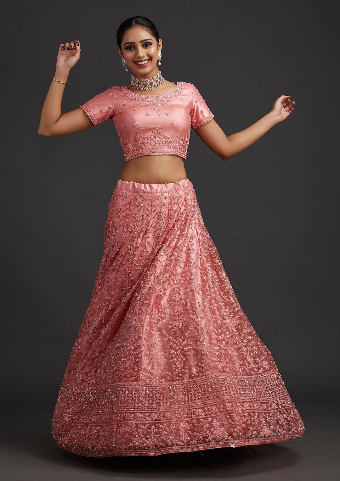 Peach Silver Stonework Net Designer Semi-Stitched Lehenga - koskii