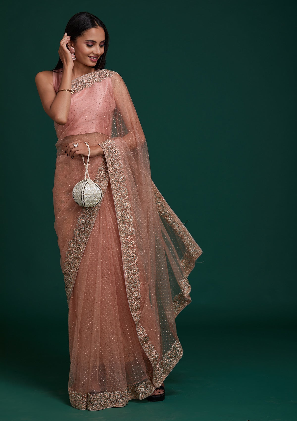 Peach Silver Stonework Net Saree - Koskii