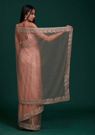 Peach Silver Stonework Net Saree - Koskii