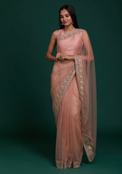 Peach Silver Stonework Net Saree - Koskii