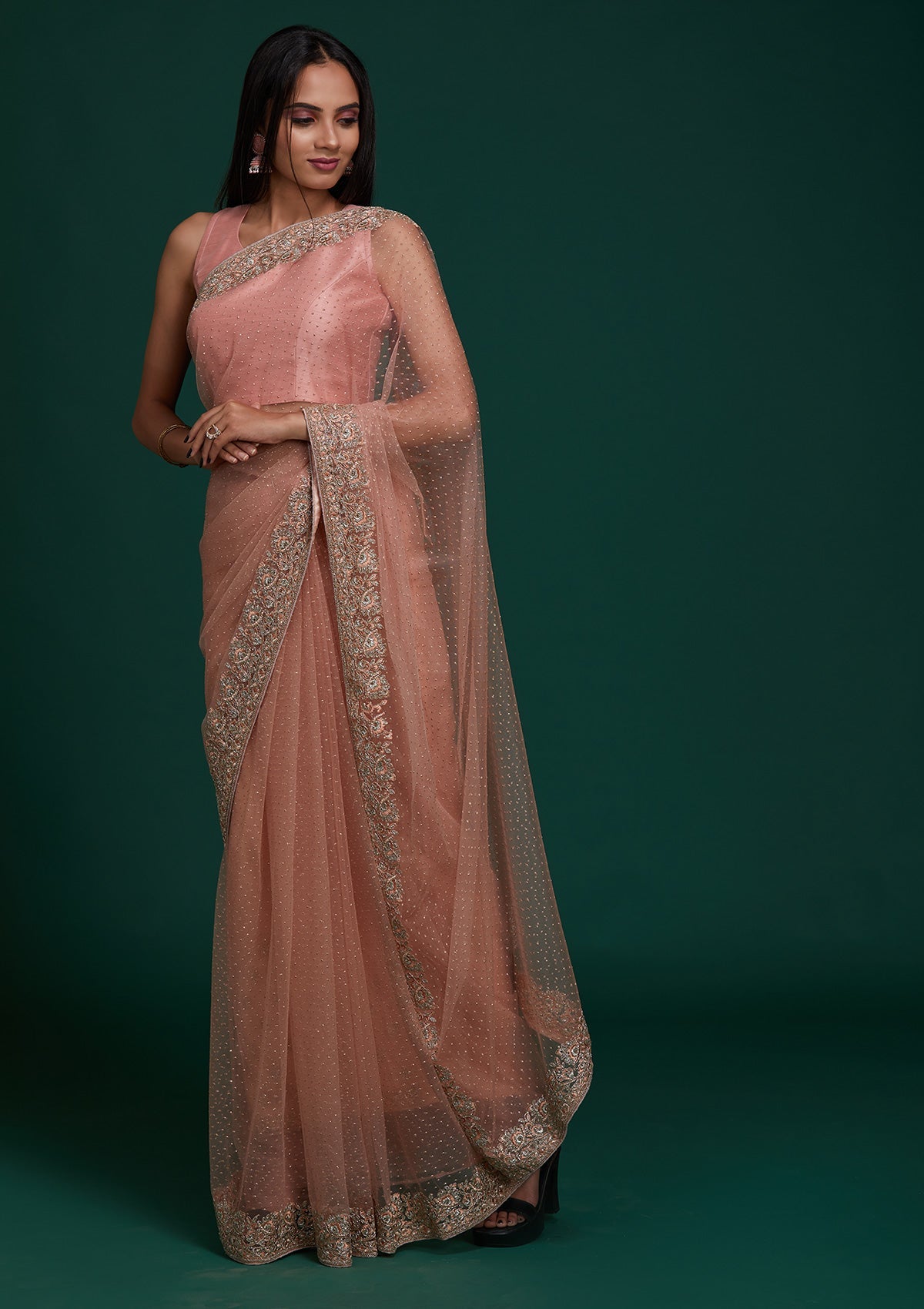 Peach Silver Stonework Net Saree - Koskii