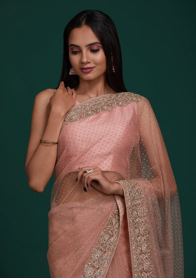 Peach Silver Stonework Net Saree - Koskii