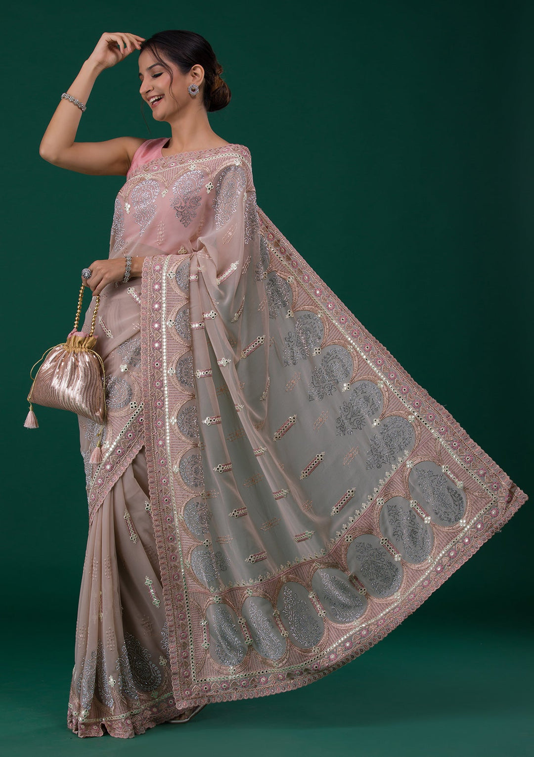 Peach Silver Stonework Net Saree-Koskii