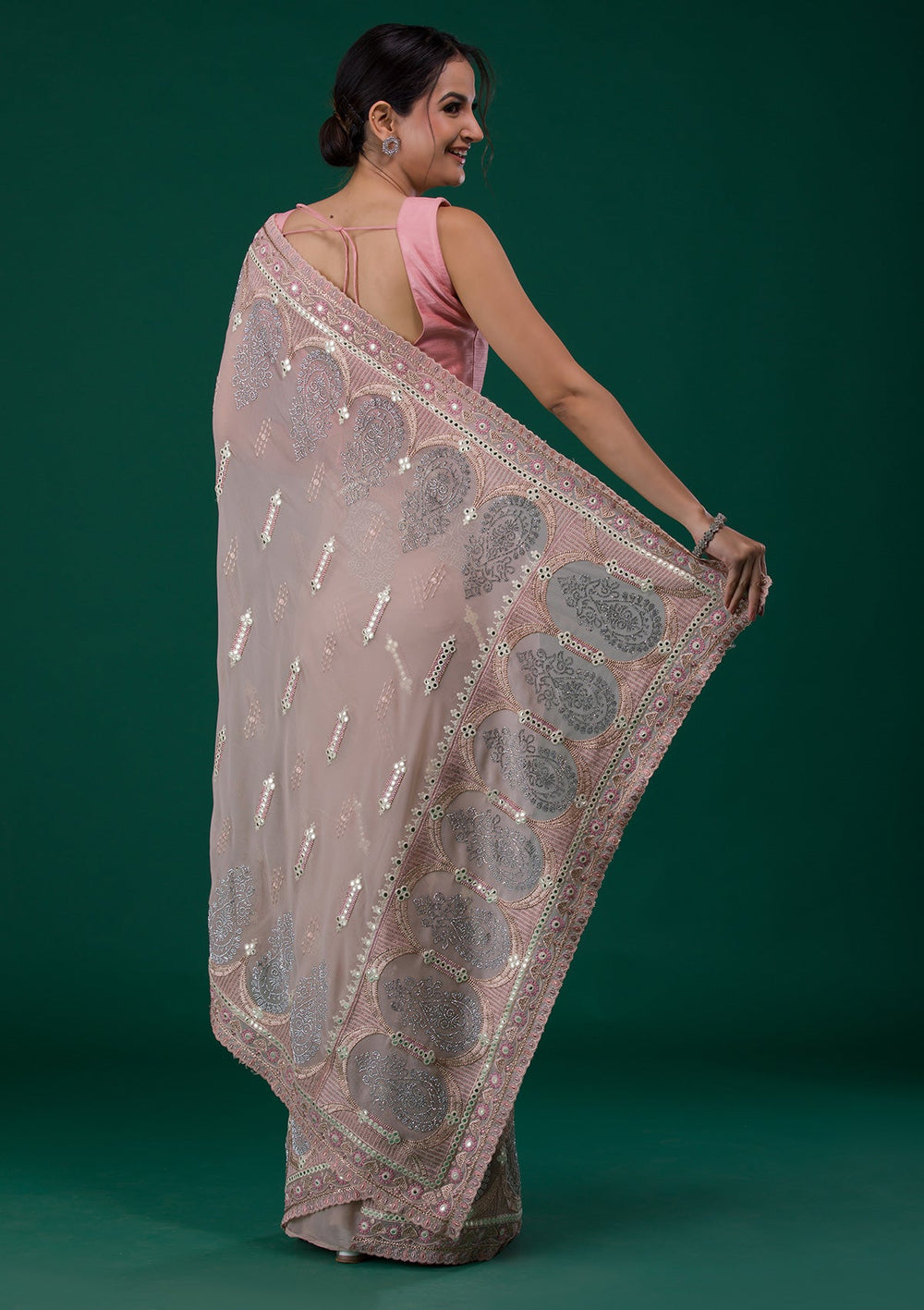 Peach Silver Stonework Net Saree-Koskii