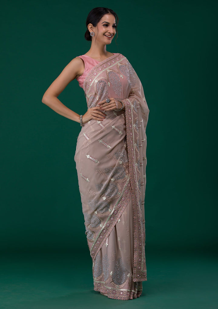 Peach Silver Stonework Net Saree-Koskii