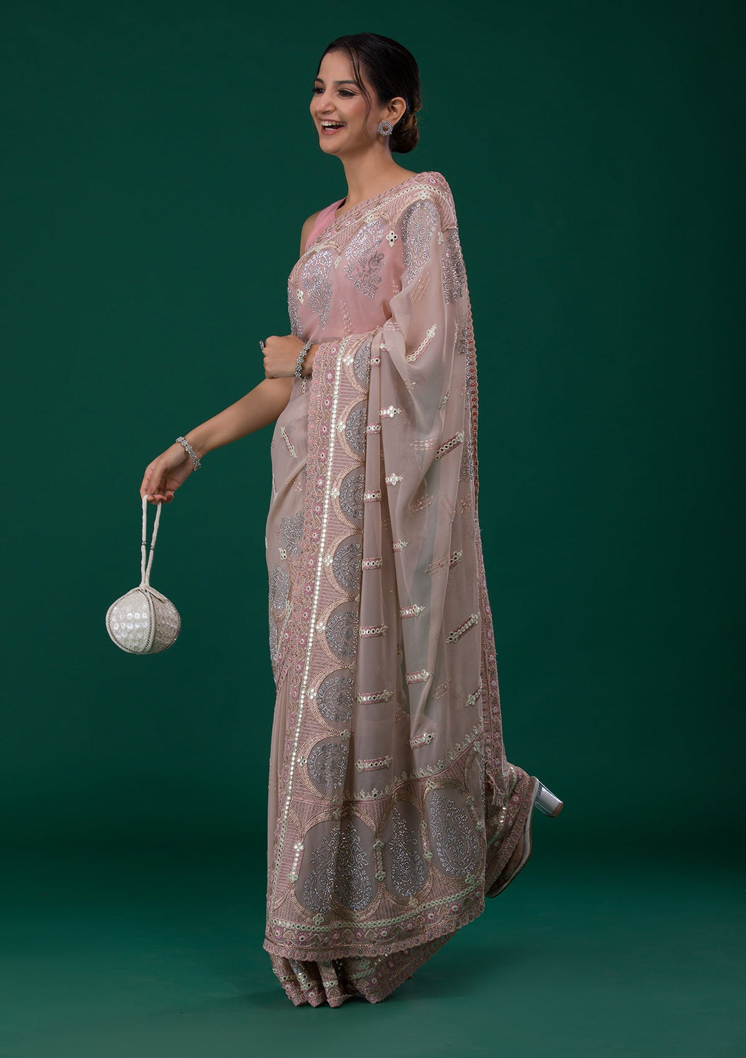 Peach Silver Stonework Net Saree-Koskii