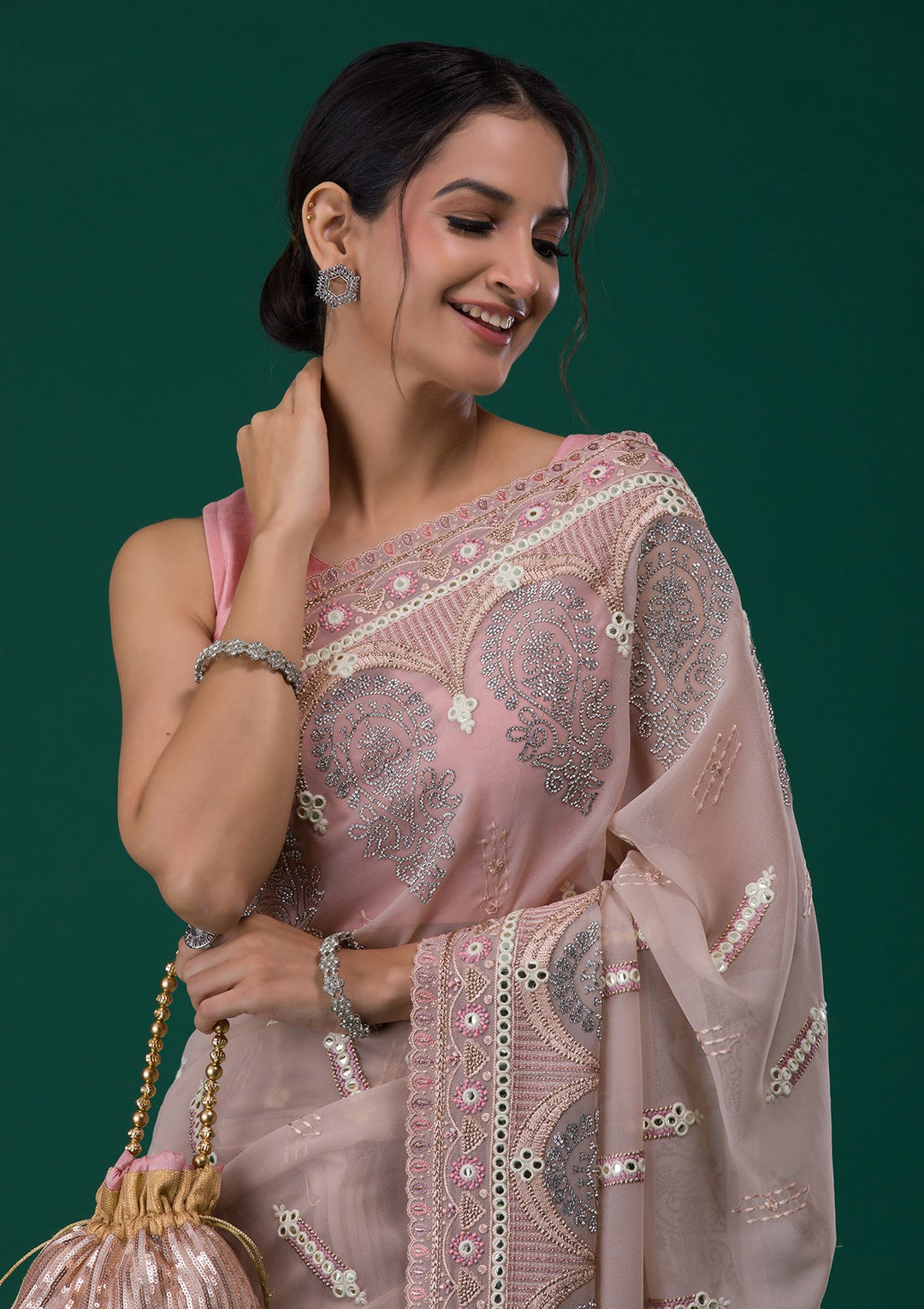 Peach Silver Stonework Net Saree-Koskii