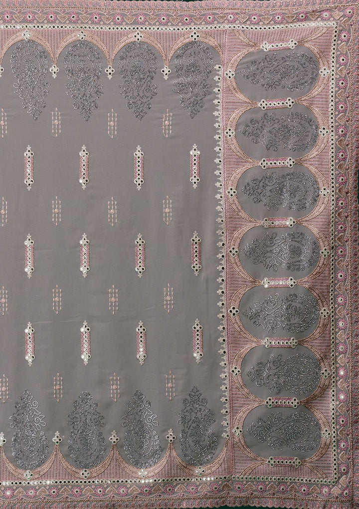 Peach Silver Stonework Net Saree-Koskii