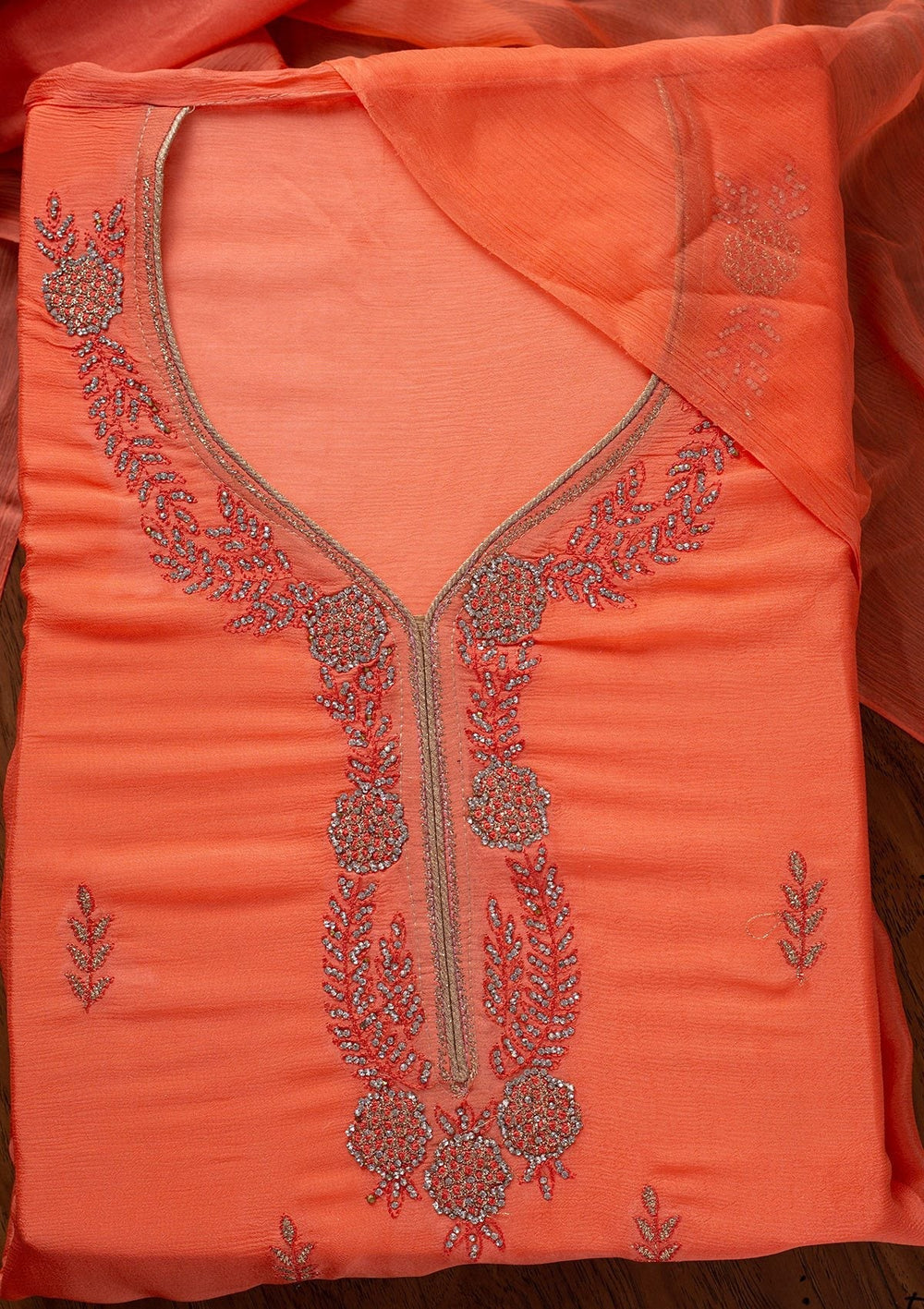 Peach Silver Stonework Semi Crepe Designer Unstitched Salwar Suit - koskii