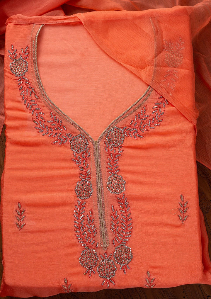 Peach Silver Stonework Semi Crepe Designer Unstitched Salwar Suit - koskii