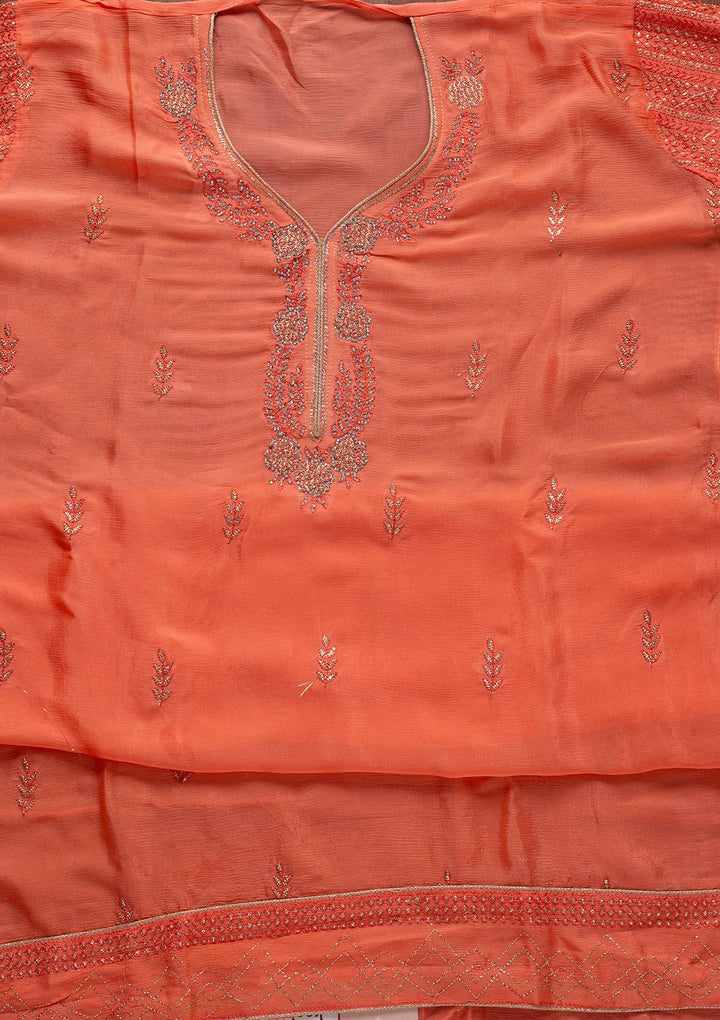 Peach Silver Stonework Semi Crepe Designer Unstitched Salwar Suit - koskii