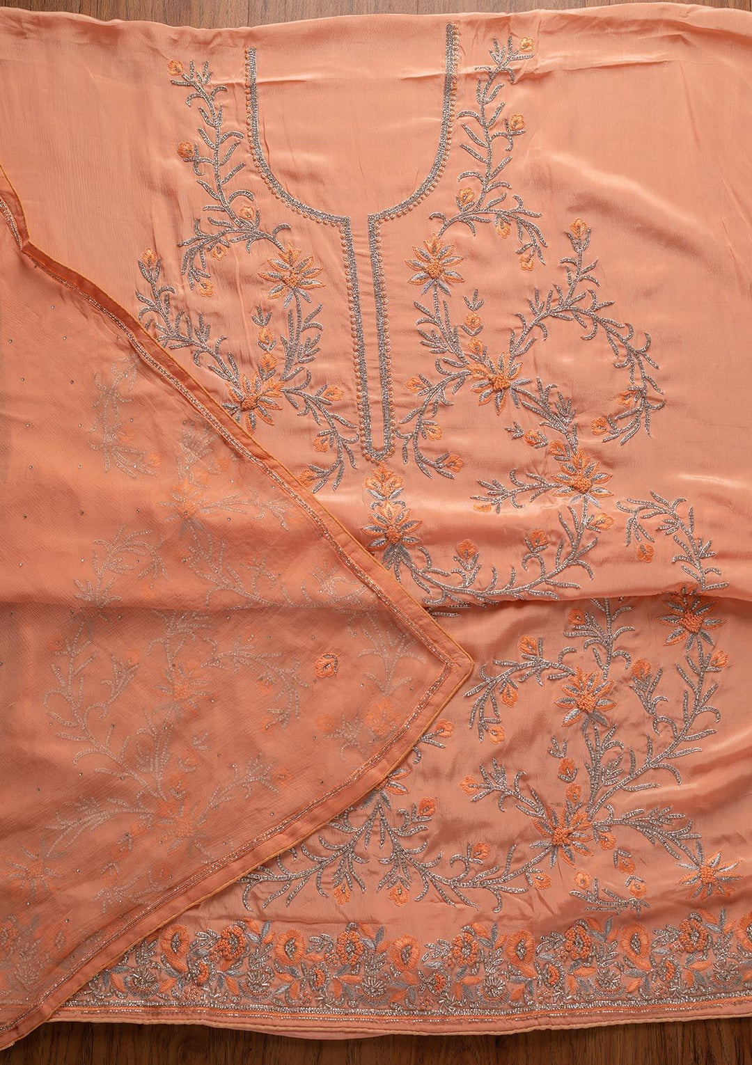 Peach Silver Stonework Semi Crepe Designer Unstitched Salwar Suit - koskii