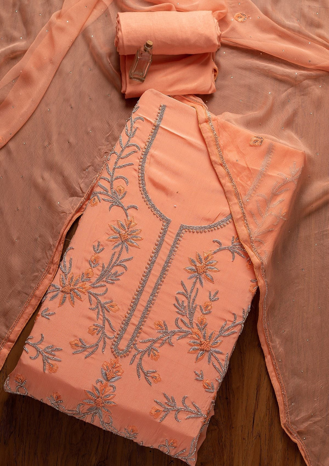 Peach Silver Stonework Semi Crepe Designer Unstitched Salwar Suit - koskii