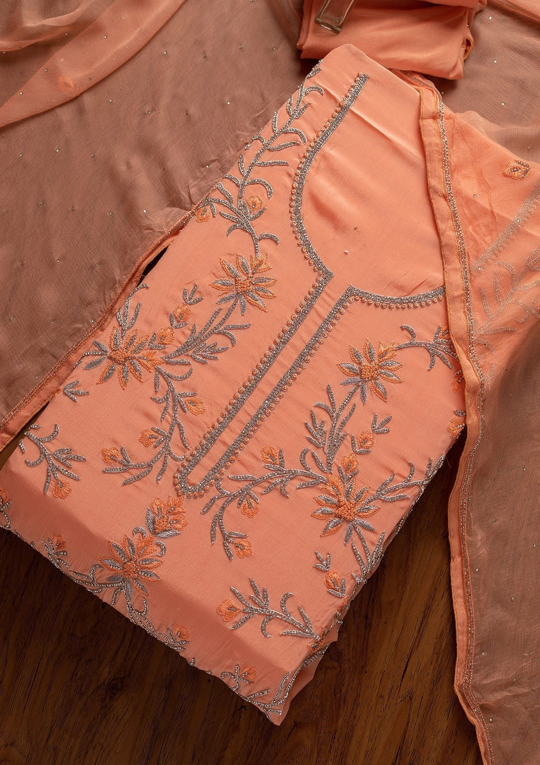 Peach Silver Stonework Semi Crepe Designer Unstitched Salwar Suit - koskii