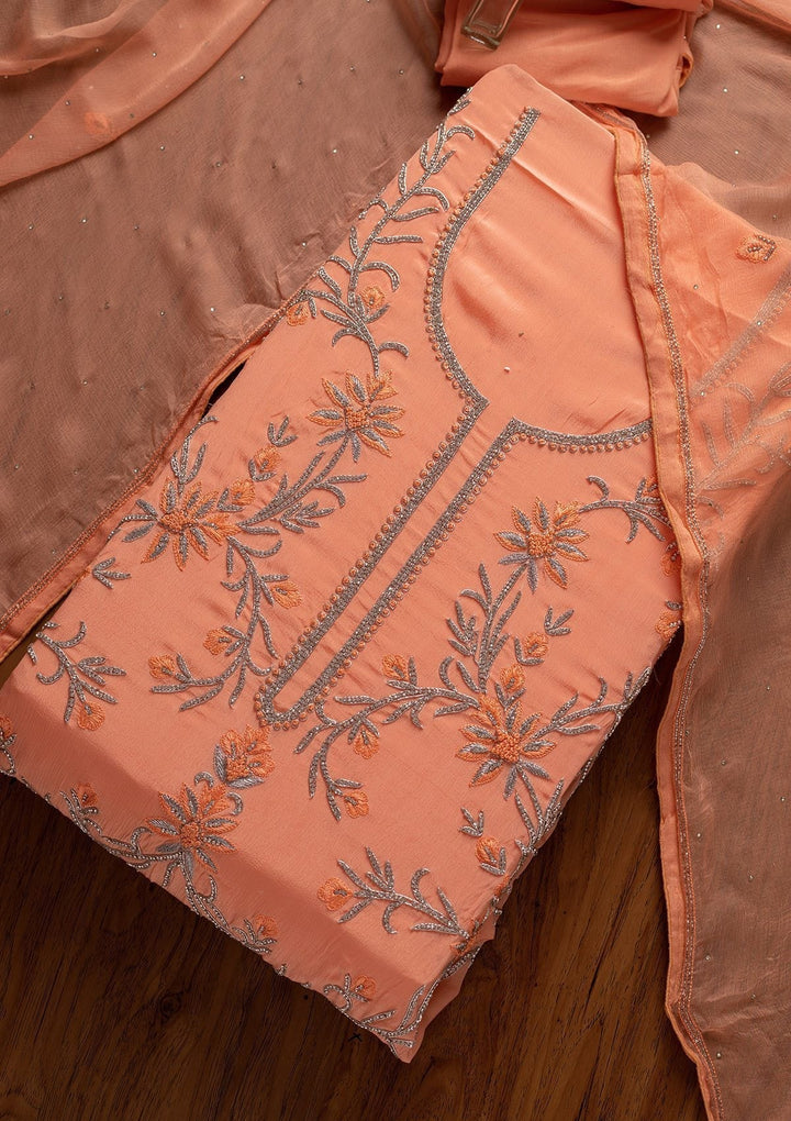 Peach Silver Stonework Semi Crepe Designer Unstitched Salwar Suit - koskii