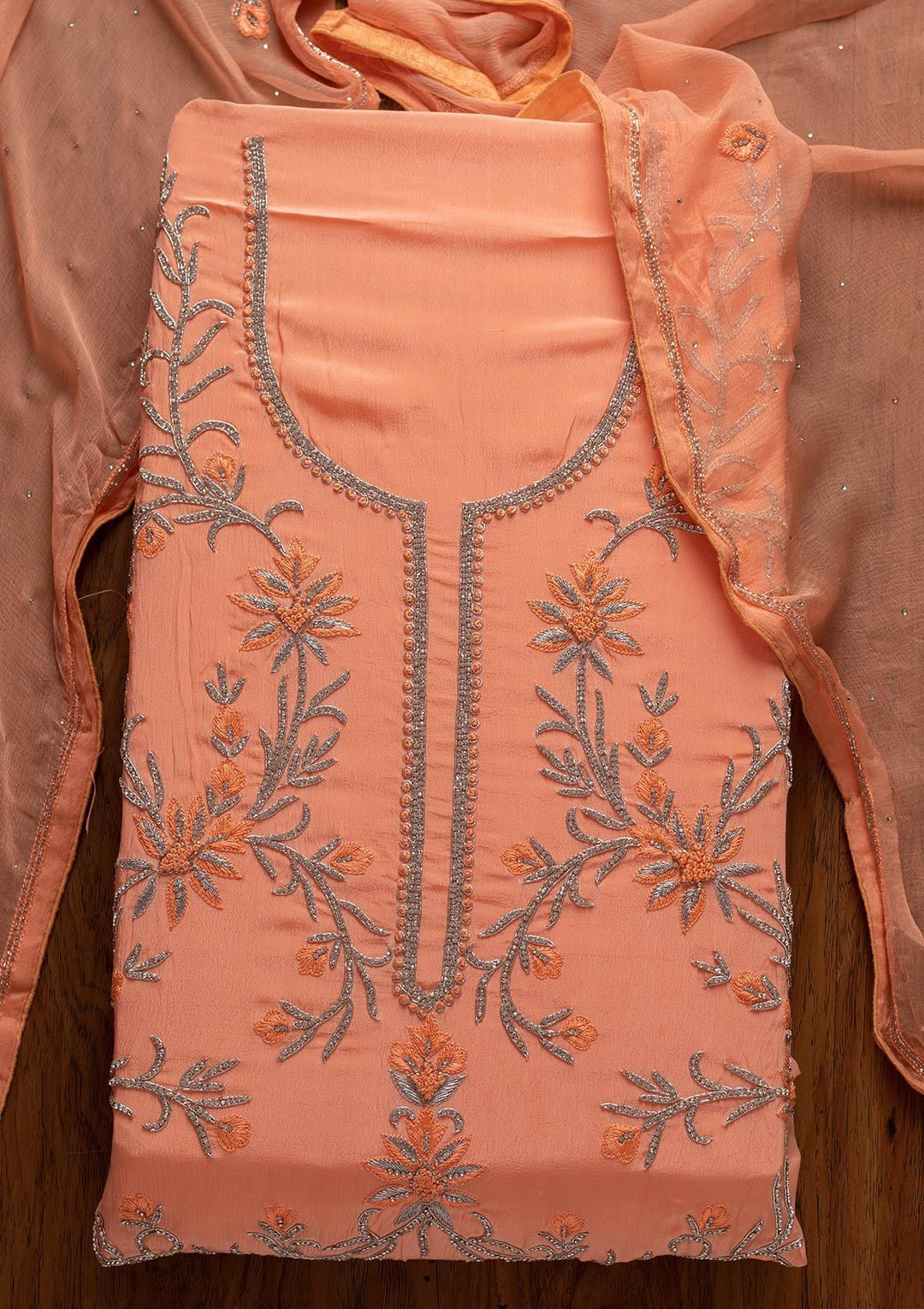 Peach Silver Stonework Semi Crepe Designer Unstitched Salwar Suit - koskii
