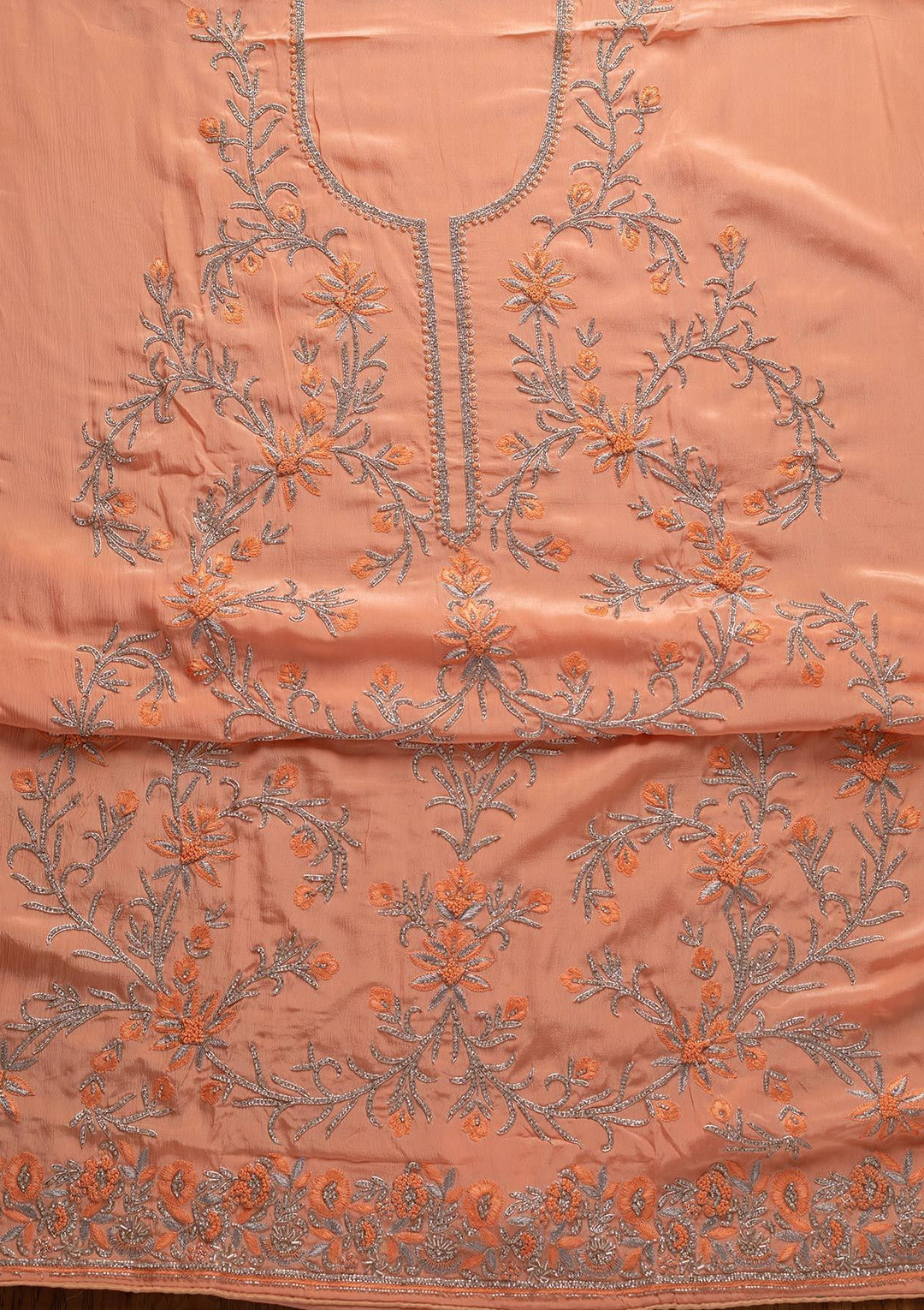Peach Silver Stonework Semi Crepe Designer Unstitched Salwar Suit - koskii