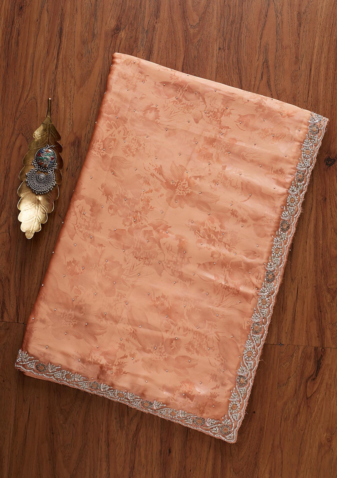 Peach Silver Stonework Semi Crepe Designer Saree - koskii