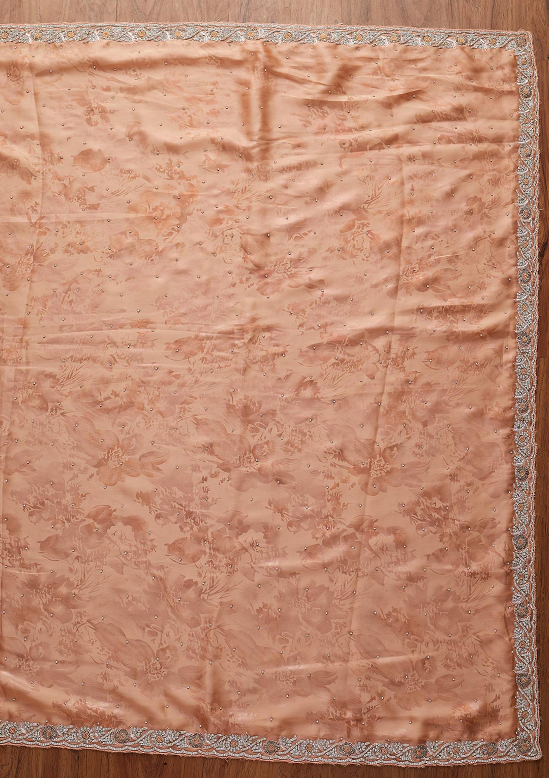 Peach Silver Stonework Semi Crepe Designer Saree - koskii