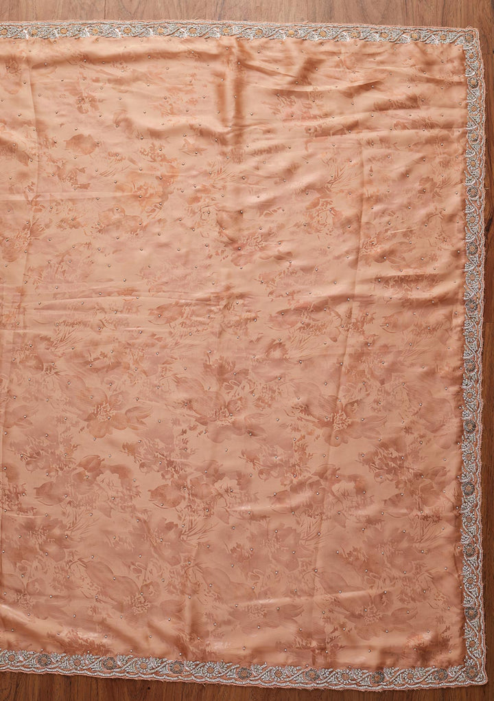 Peach Silver Stonework Semi Crepe Designer Saree - koskii