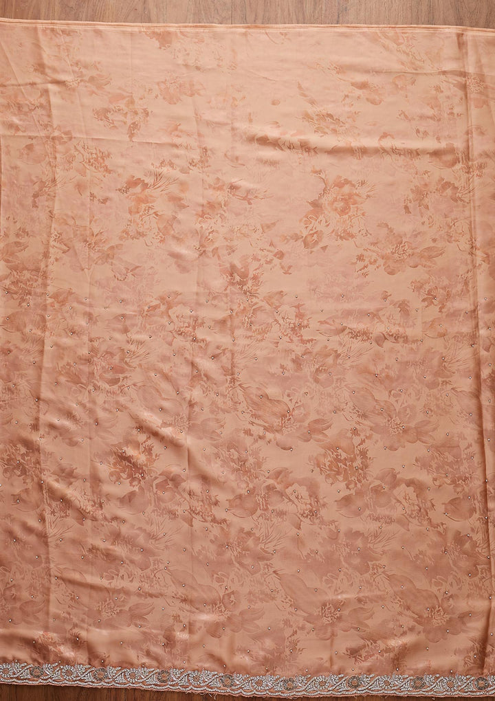 Peach Silver Stonework Semi Crepe Designer Saree - koskii