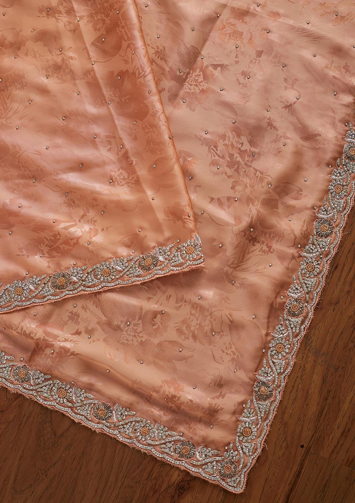 Peach Silver Stonework Semi Crepe Designer Saree - koskii