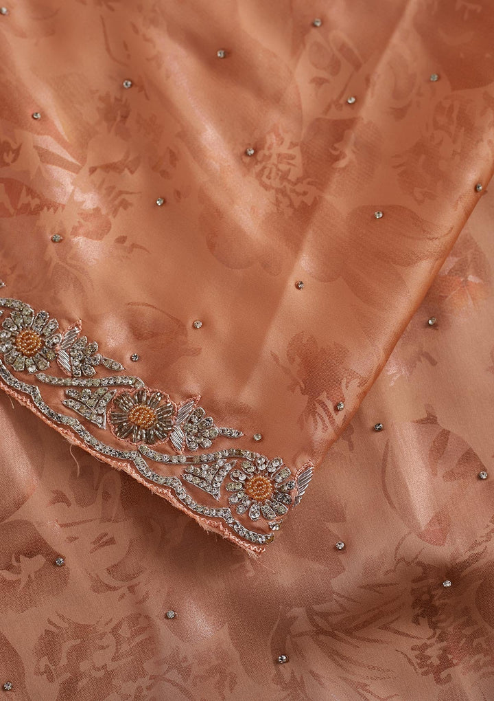 Peach Silver Stonework Semi Crepe Designer Saree - koskii