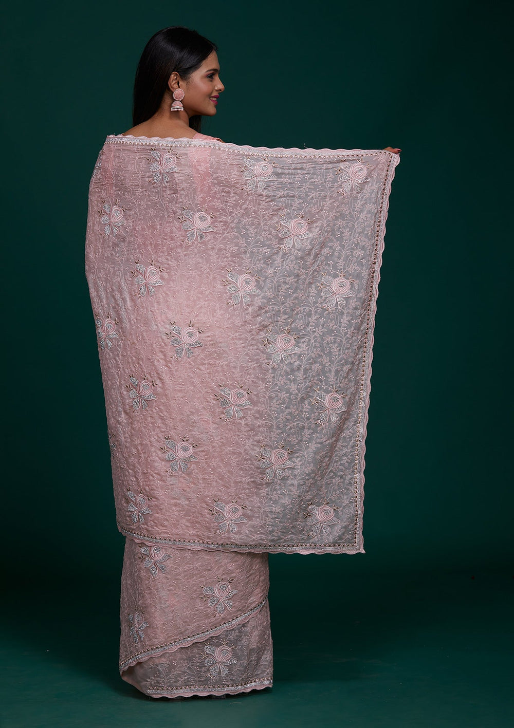 Peach Silver Stonework Tissue Saree - Koskii