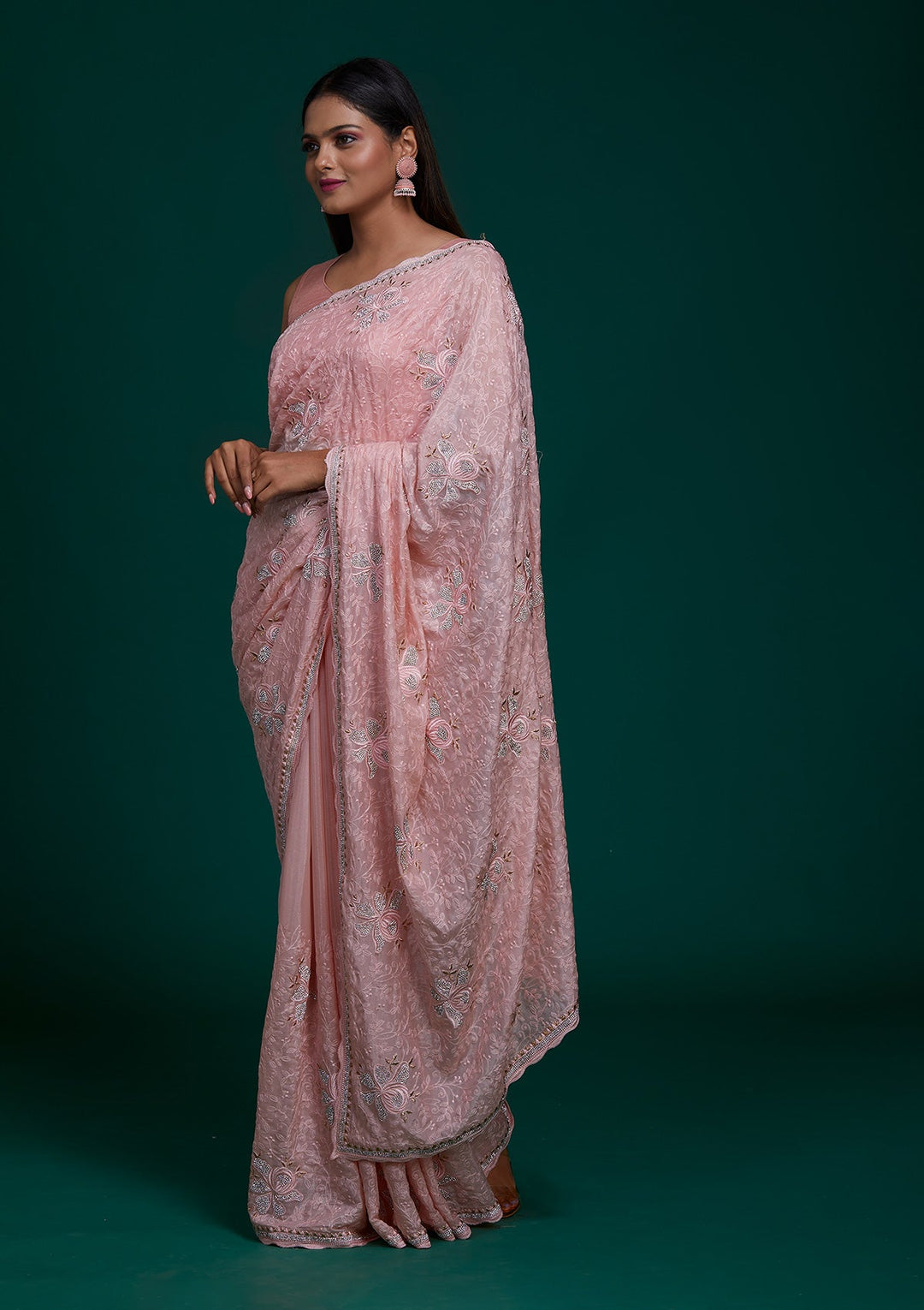 Peach Silver Stonework Tissue Saree - Koskii