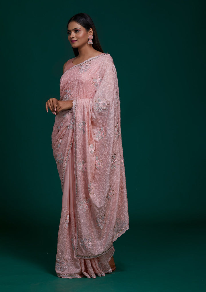 Peach Silver Stonework Tissue Saree - Koskii