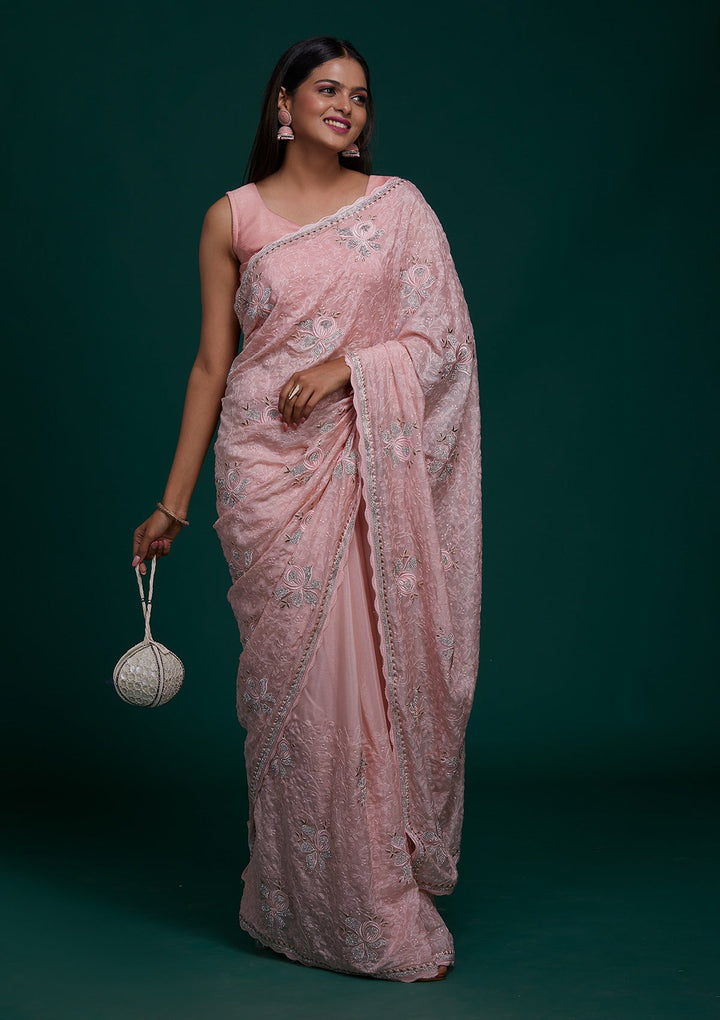 Peach Silver Stonework Tissue Saree - Koskii