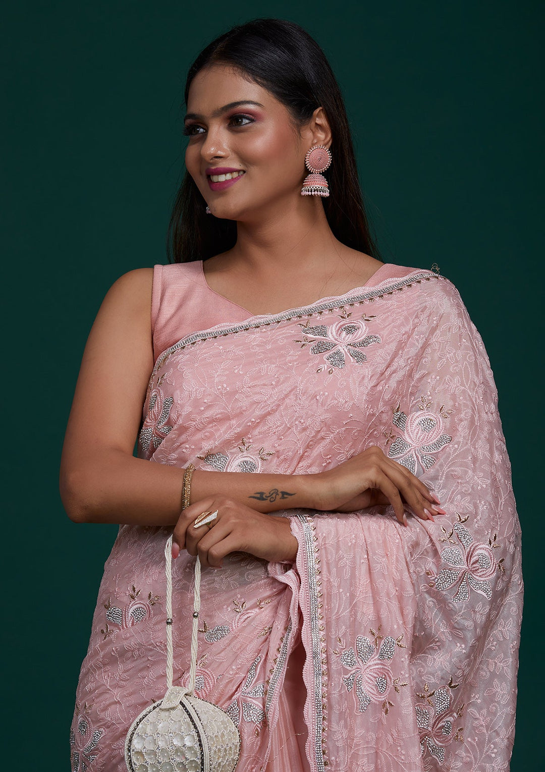 Peach Silver Stonework Tissue Saree - Koskii