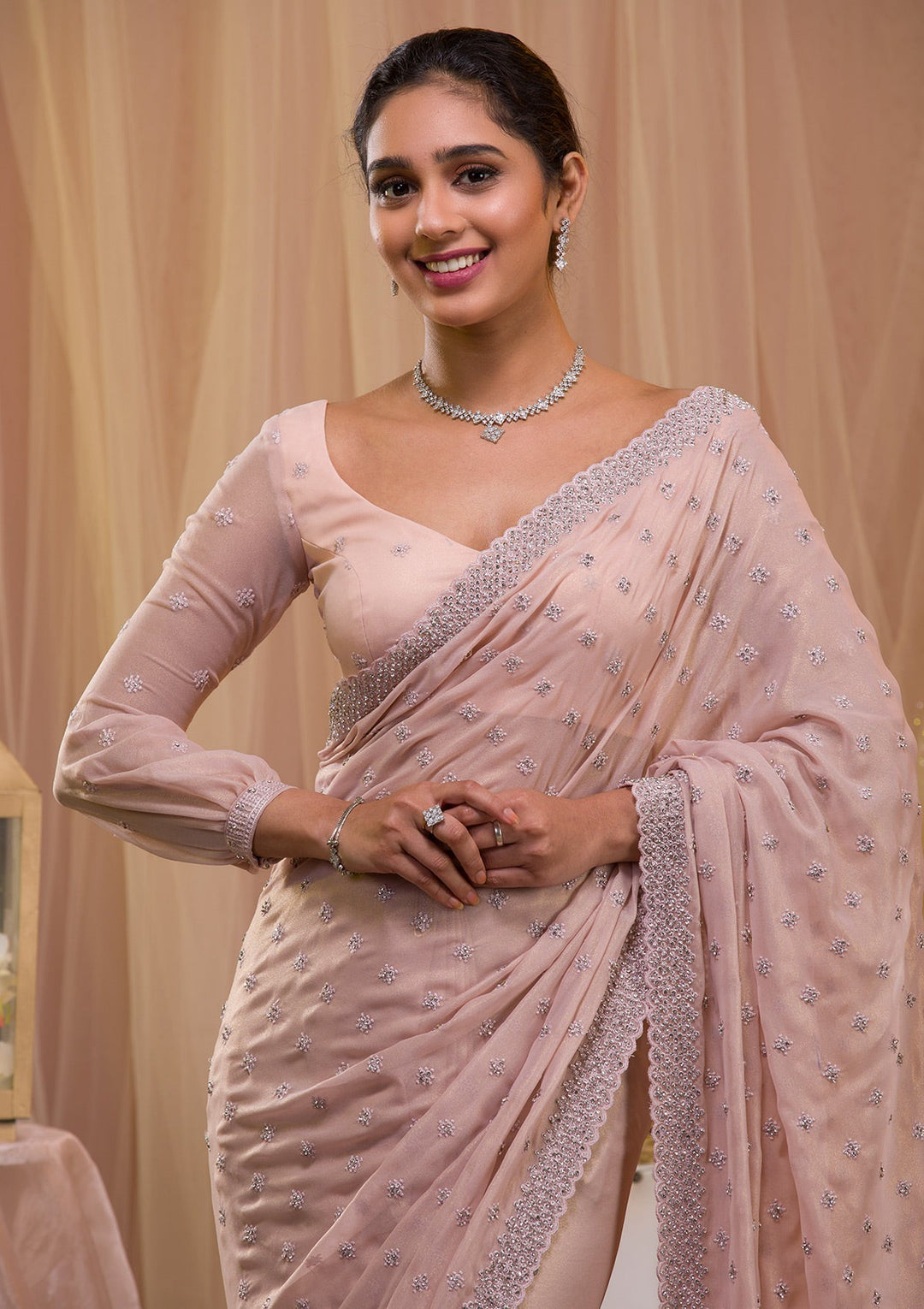 Peach Silver Stonework Georgette Saree-Koskii