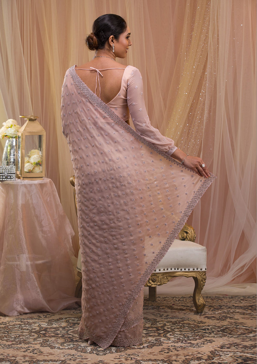 Peach Silver Stonework Georgette Saree-Koskii