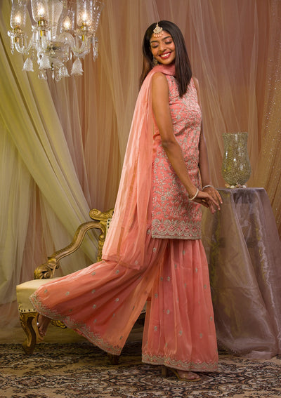 Peach Stonework Tissue Readymade Salwar Kameez-Koskii