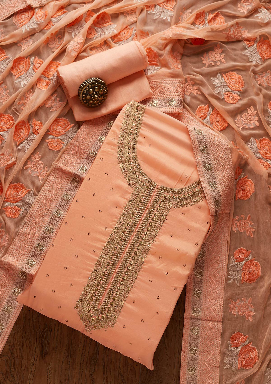 Peach Stonework Art Silk Designer Unstitched Salwar Suit - koskii