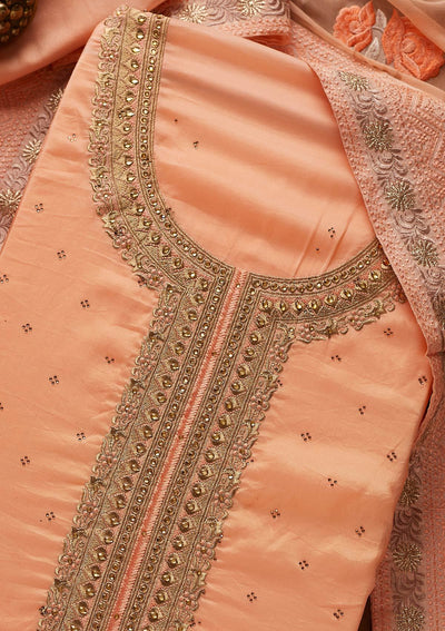 Peach Stonework Art Silk Designer Unstitched Salwar Suit - koskii