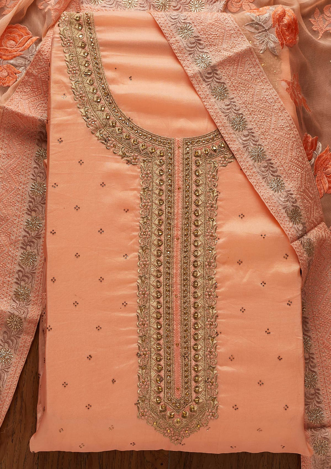 Peach Stonework Art Silk Designer Unstitched Salwar Suit - koskii