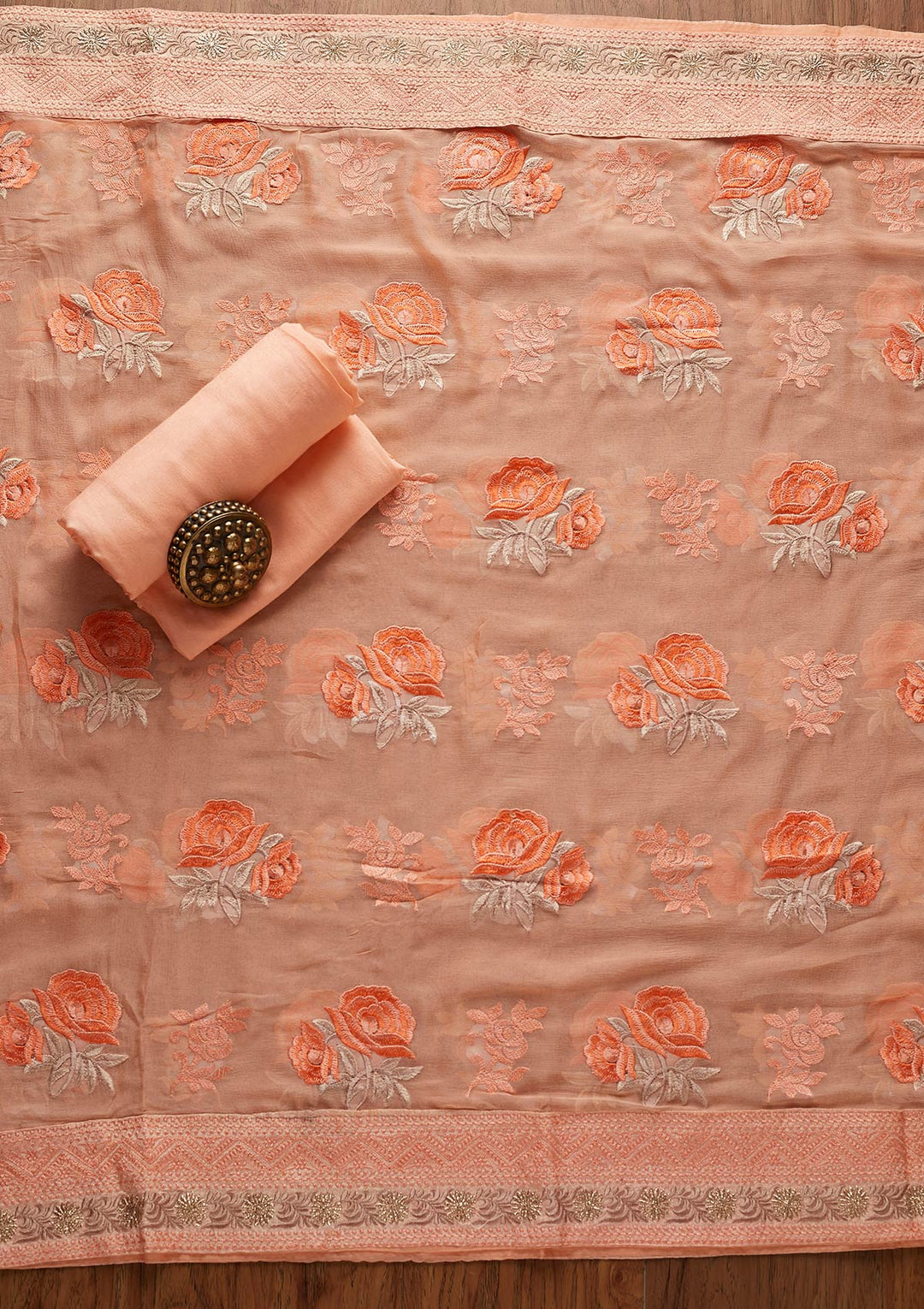 Peach Stonework Art Silk Designer Unstitched Salwar Suit - koskii