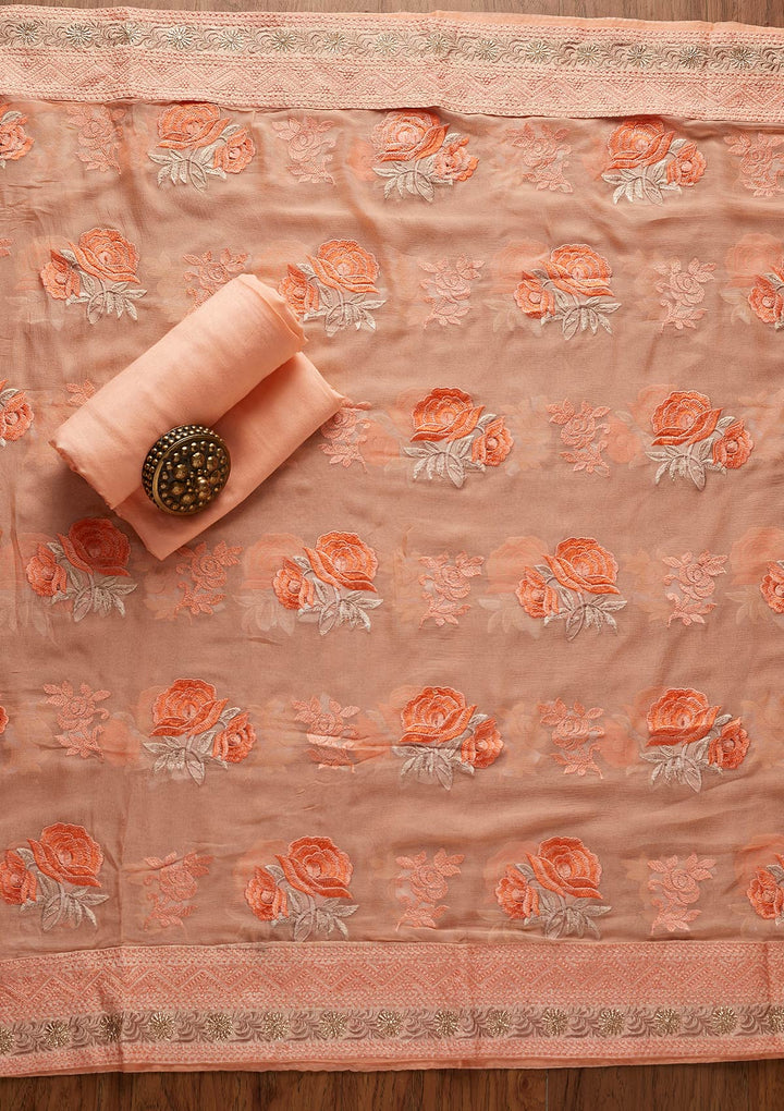 Peach Stonework Art Silk Designer Unstitched Salwar Suit - koskii