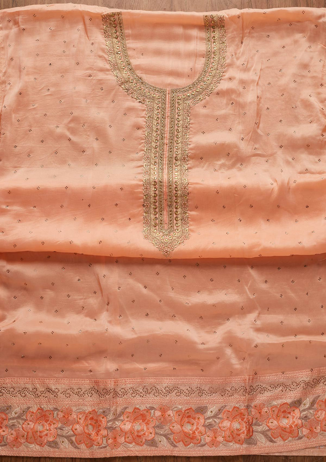 Peach Stonework Art Silk Designer Unstitched Salwar Suit - koskii