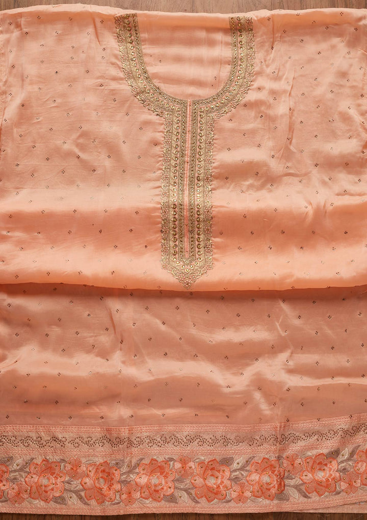 Peach Stonework Art Silk Designer Unstitched Salwar Suit - koskii