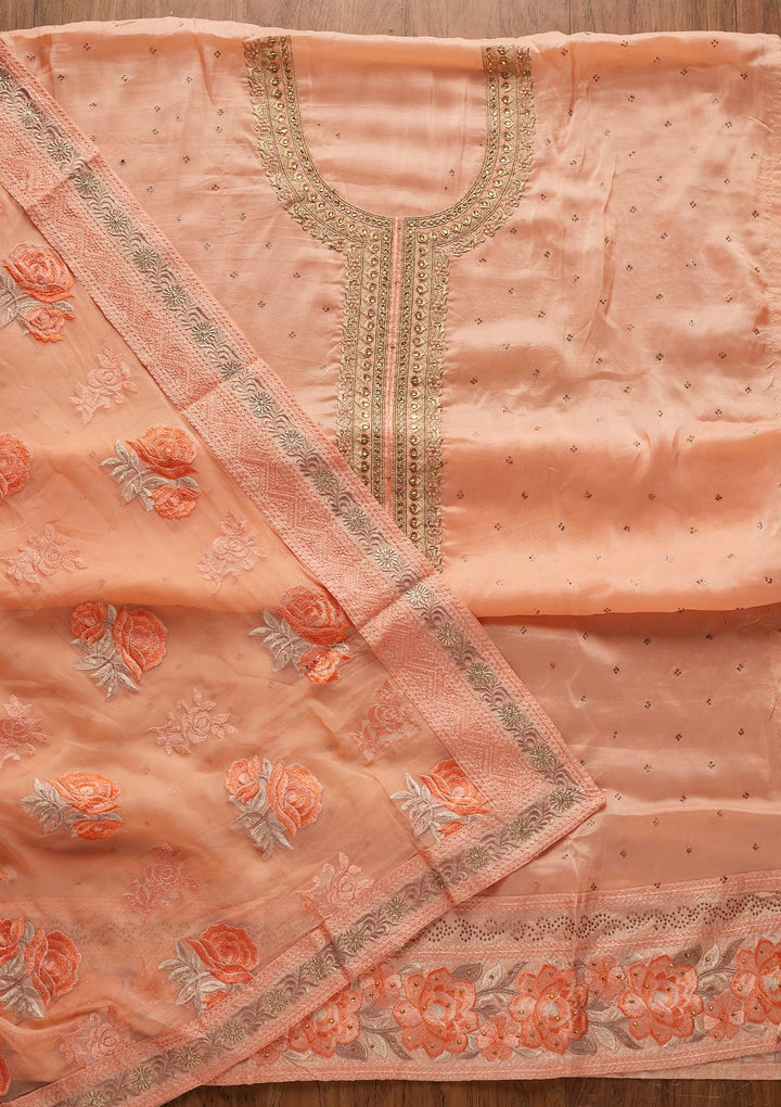 Peach Stonework Art Silk Designer Unstitched Salwar Suit - koskii