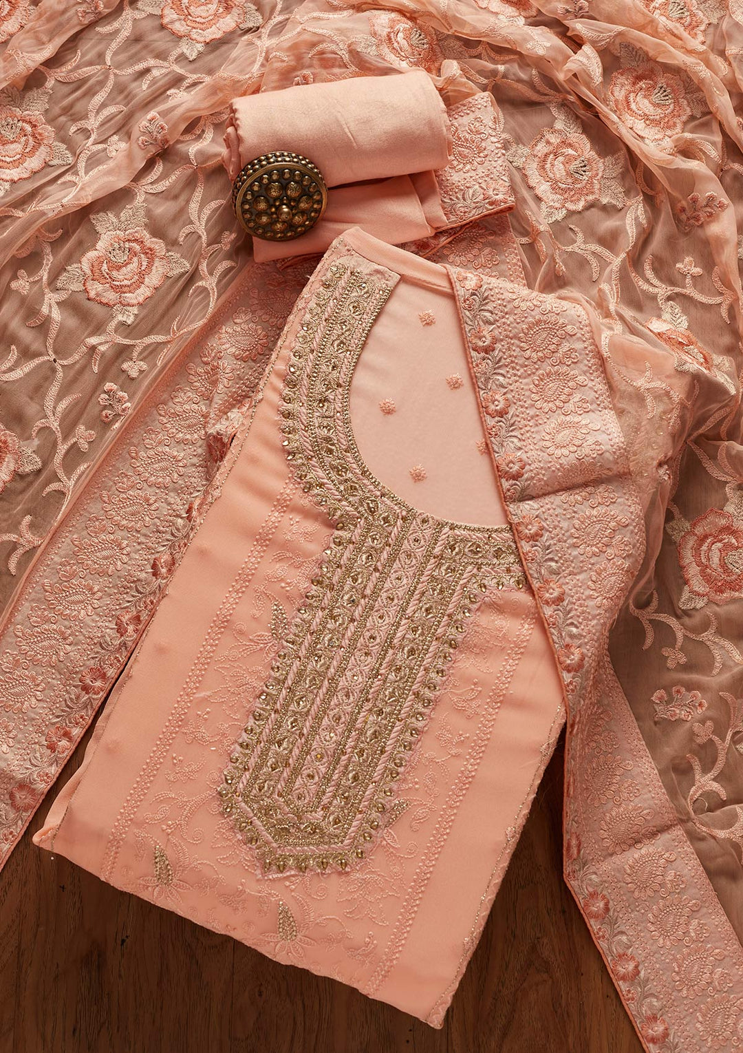 Peach Stonework Art Silk Designer Unstitched Salwar Suit - koskii