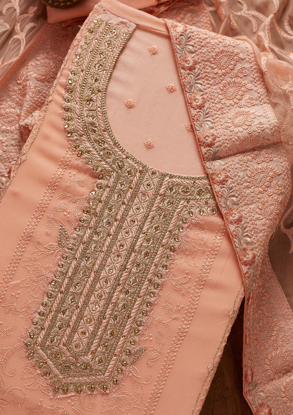 Peach Stonework Art Silk Designer Unstitched Salwar Suit - koskii
