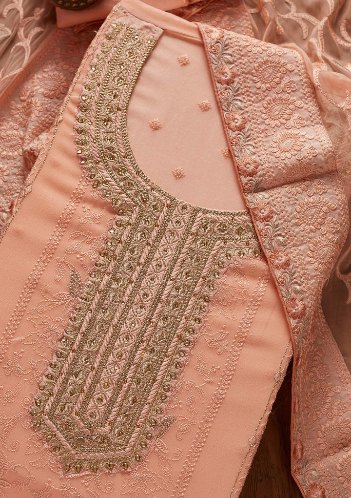 Peach Stonework Art Silk Designer Unstitched Salwar Suit - koskii