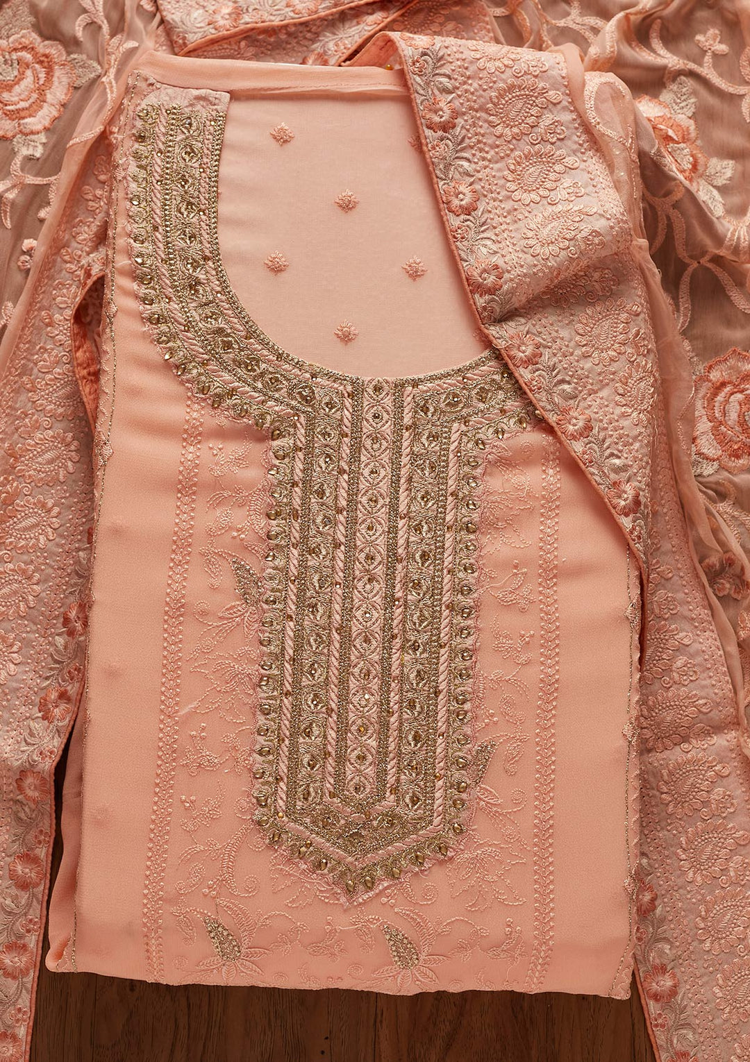 Peach Stonework Art Silk Designer Unstitched Salwar Suit - koskii