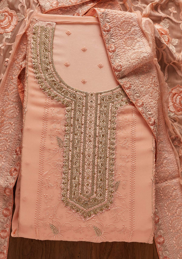 Peach Stonework Art Silk Designer Unstitched Salwar Suit - koskii