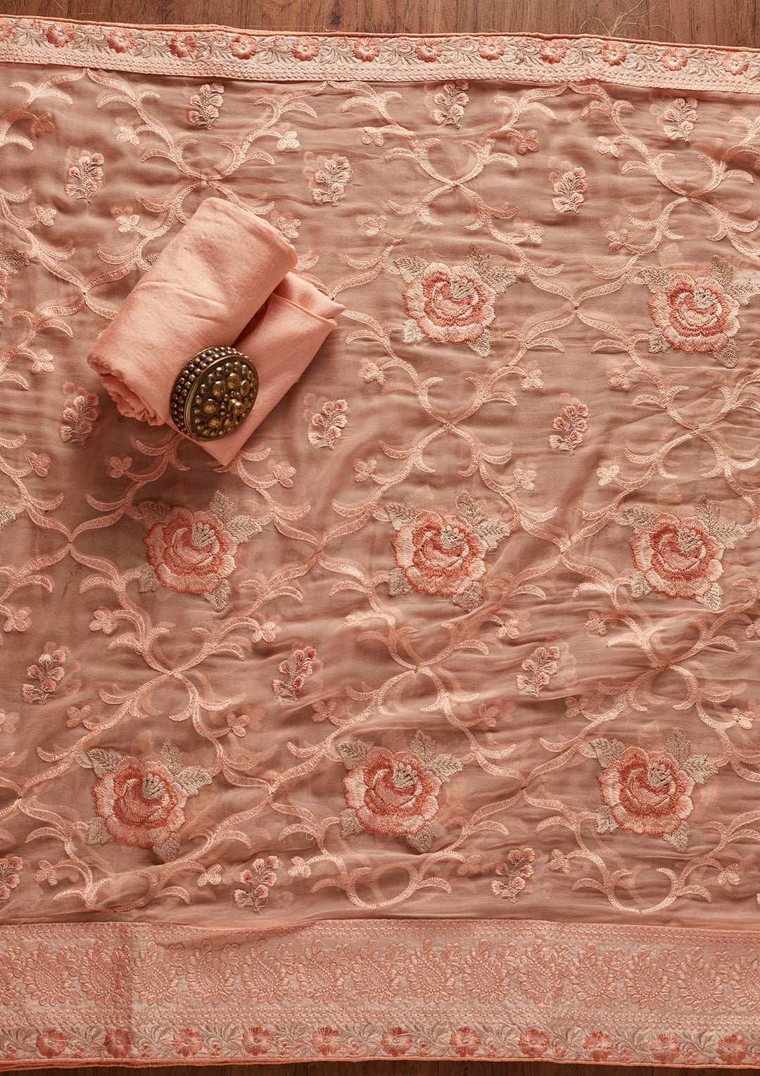 Peach Stonework Art Silk Designer Unstitched Salwar Suit - koskii